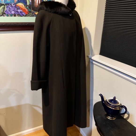 Elegant Brown Wool Long Overcoat with Hood & Real Fur 1990s - sz 10 P or Med - Picture 7 of 16